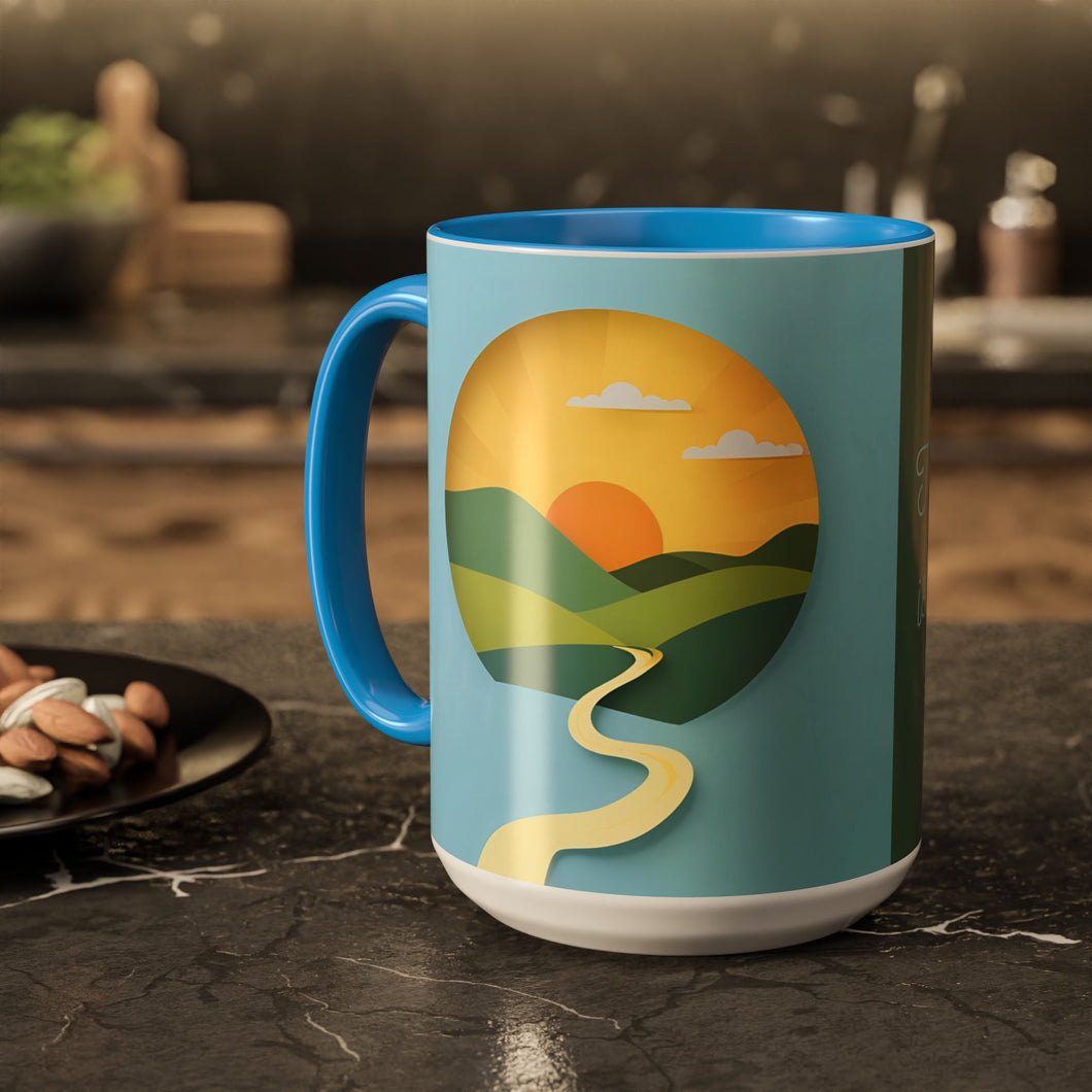 Robert Frost Quote - Colorful Trail Sunrise Mug, Inspirational Quote for Hikers, Poets, Writers, Coffee Cup, 15 ounce