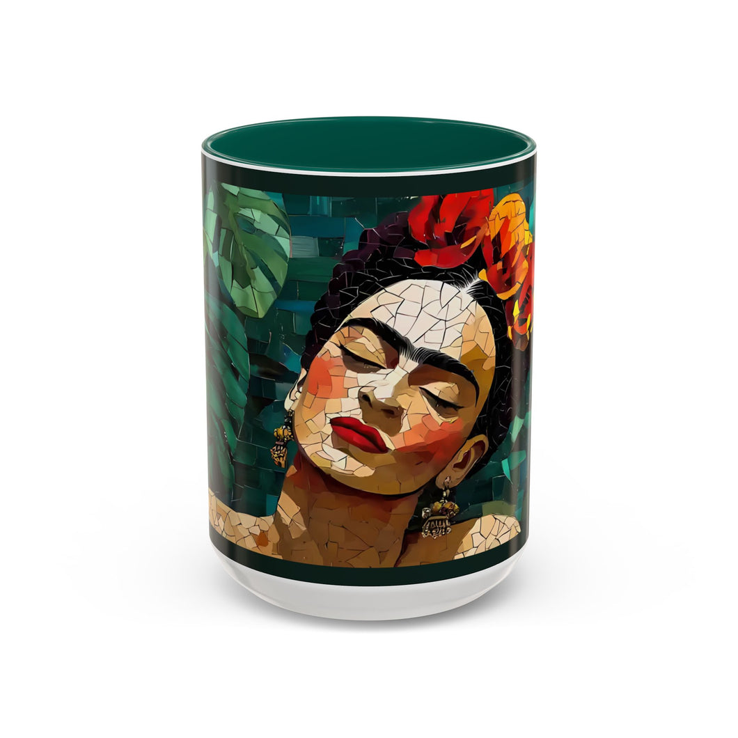 Mug - Mexican Artist Frida Kahlo Mosaic Style on Monstera Leaves Background