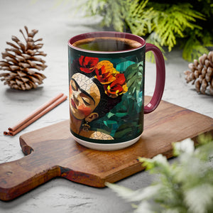 Mug - Mexican Artist Frida Kahlo Mosaic Style on Monstera Leaves Background