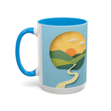 Load image into Gallery viewer, Robert Frost Quote - Colorful Trail Sunrise Mug, Inspirational Quote for Hikers, Poets, Writers, Coffee Cup, 15 ounce
