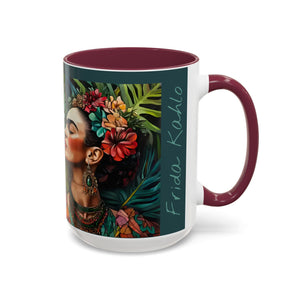 Mug - Frida Kahlo Portrait with Monstera Leaves and Love Quote, Boho Maximalist Design