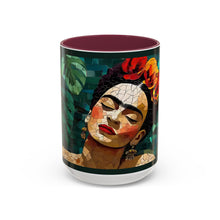 Load image into Gallery viewer, Mug - Mexican Artist Frida Kahlo Mosaic Style on Monstera Leaves Background
